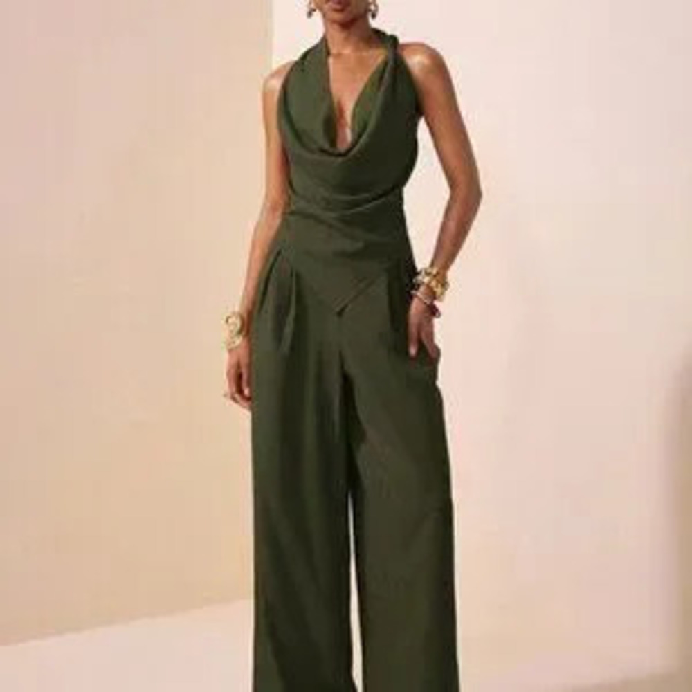 ZARA Army Green Elegant Women's Asymmetric Knot Top and Wide Leg Pants Suit Set